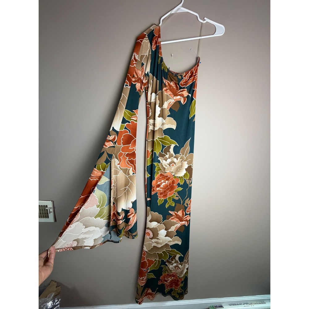 Goodtime USA Floral One Shoulder Bell Sleeve Maxi Dress Teal Rust Large 1384